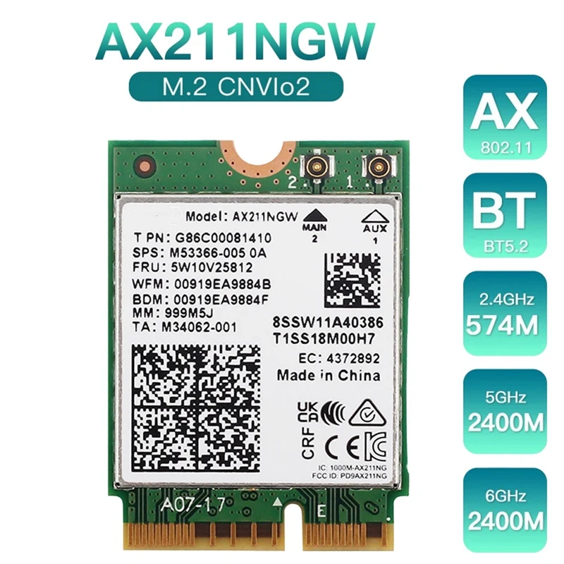 

AX211NGW Wifi 6E M.2 Key E Cnvio2 двухдиапазонный 2,4 ГГц/5 ГГц комплект аксессуаров для беспроводной сетевой карты 802.11Ac Bluetooth 5,2 адаптер