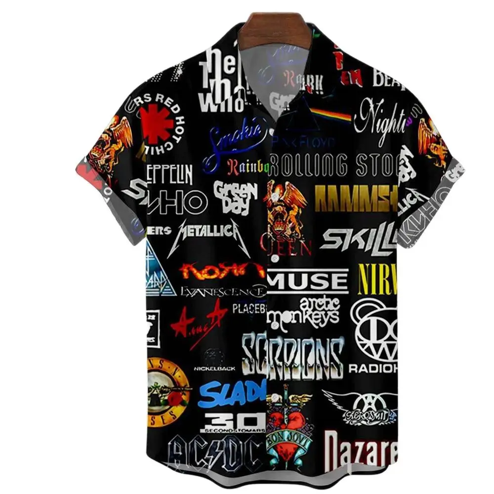 Rock Shirt Men 3d Print Hawaiian Shirt Short Sleeve Casual Oversized Hip Hop Nightclub Shirt