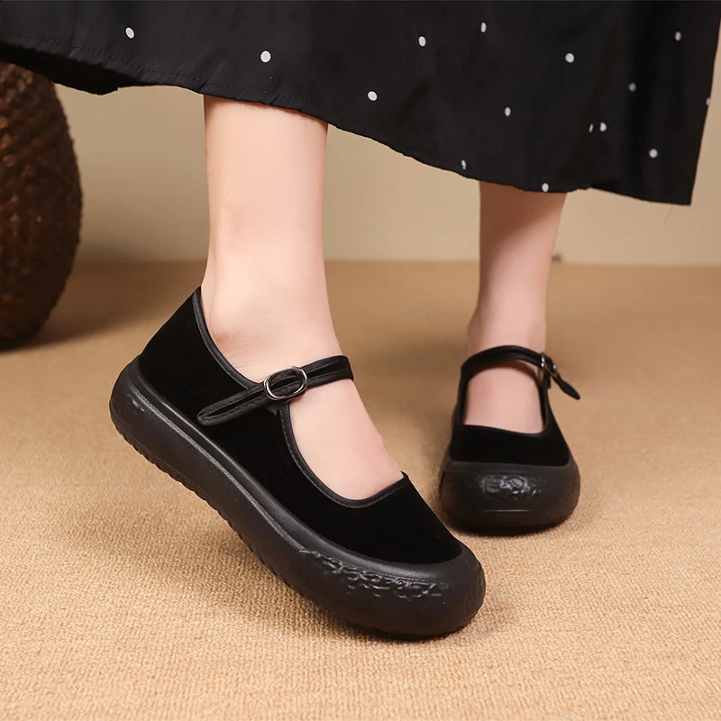 Женские одинарные туфли весенне-осенние новые замшевые тканевые с круглой