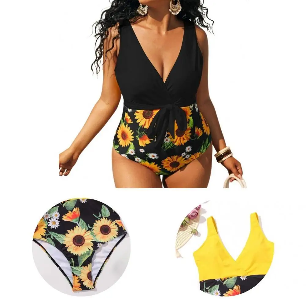 

Беспроводной привлекательный однотонный топ монокини с высокой талией цельный купальный костюм с глубоким V-образным вырезом для плавания