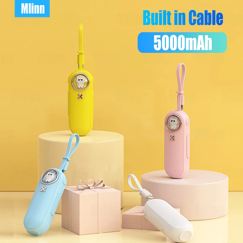 

5000mAh Portable Power Bank Built in Cable External Spare Battery Pack Mini Powerbank For iPhone 14 13 12 Samsung S22 Xiaomi 12S