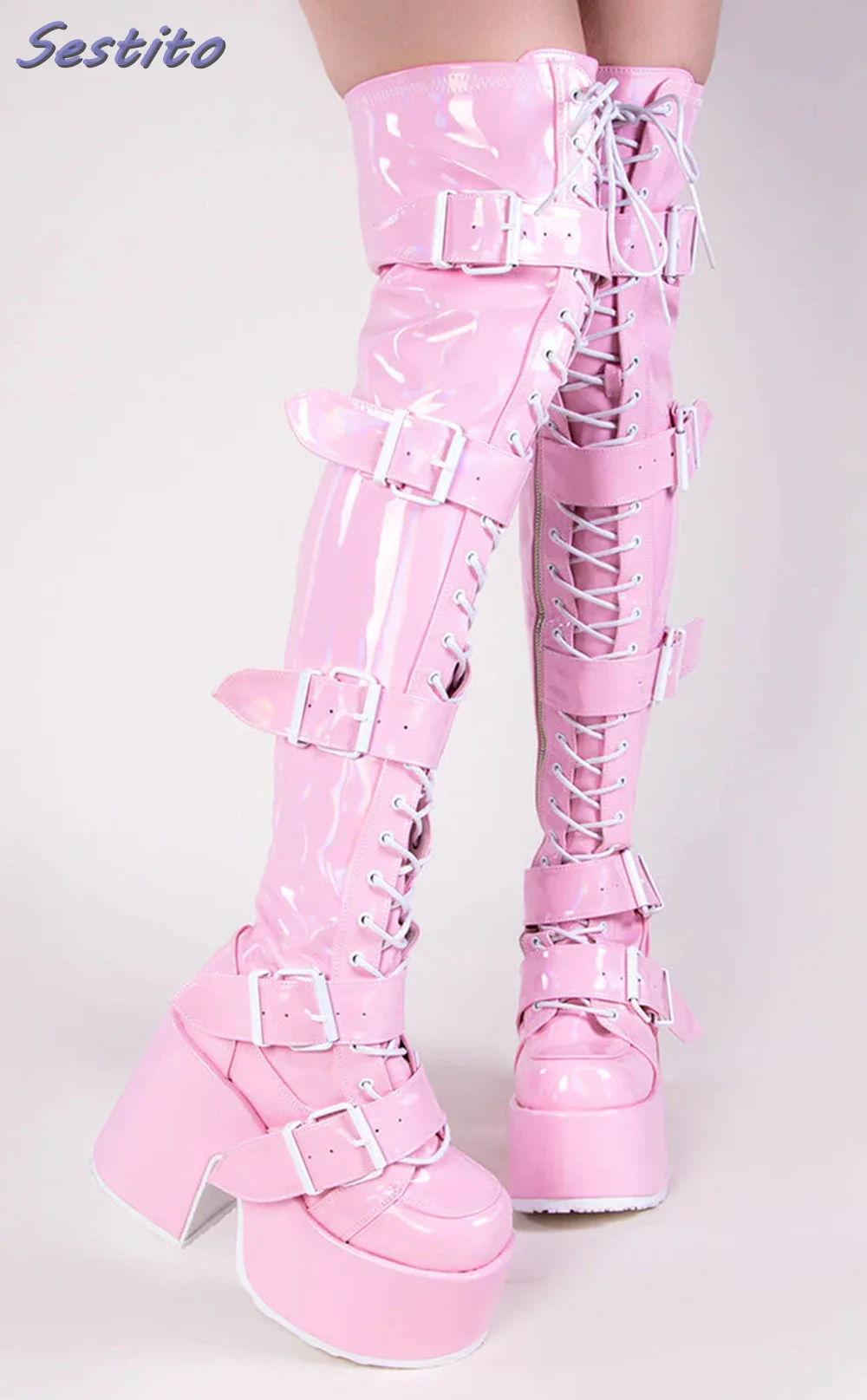 

Platform Belt Buckle Thigh High Boots Round Toe Side Zipper Front Lace-up Matte Leather Pink Solid Women Shoes Winter Fashion
