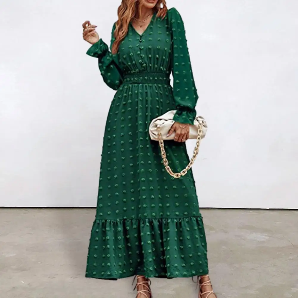 

Женское платье макси свободного покроя, платье макси в стиле бохо с V-образным вырезом и эластичным поясом, лоскутное платье-трапеция в горошек, женское платье с аппликацией и оборками на подоле