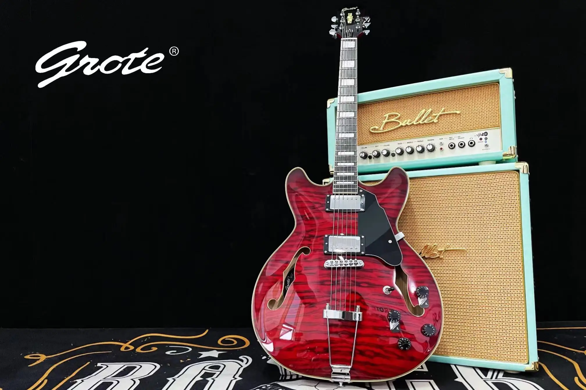 

free shipping jazz guitarra quilted flame maple GROTE red jazz semi upgrade top quality electric guitar