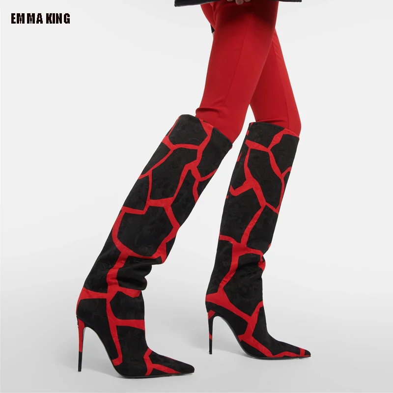 

Женские привлекательные высокие сапоги до колена с острым носком, привлекательные текстурированные сапоги с камнями в стиле пэчворк, элега...