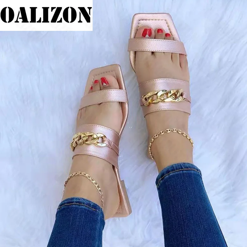 

Rome Summer Chain Flats Sandals Women Fashion Slippers 2022 New Casual Slides Square Toe Ladies Shoes Slingback Beach Flip Flops