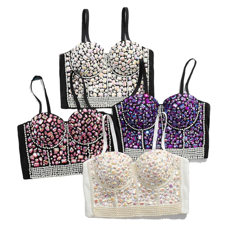 

Women's Rhinestone Diamond Sequin Crop Top Bustier Bra Sexy V-Neck Backless Push Up Bralette Glitter Club Party Corset Bra Vest