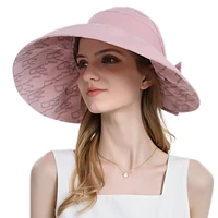 womens summer sun hat with bow double sided empty top hat outdoor ponytail ladies beach hat foldable letter print bucket hat