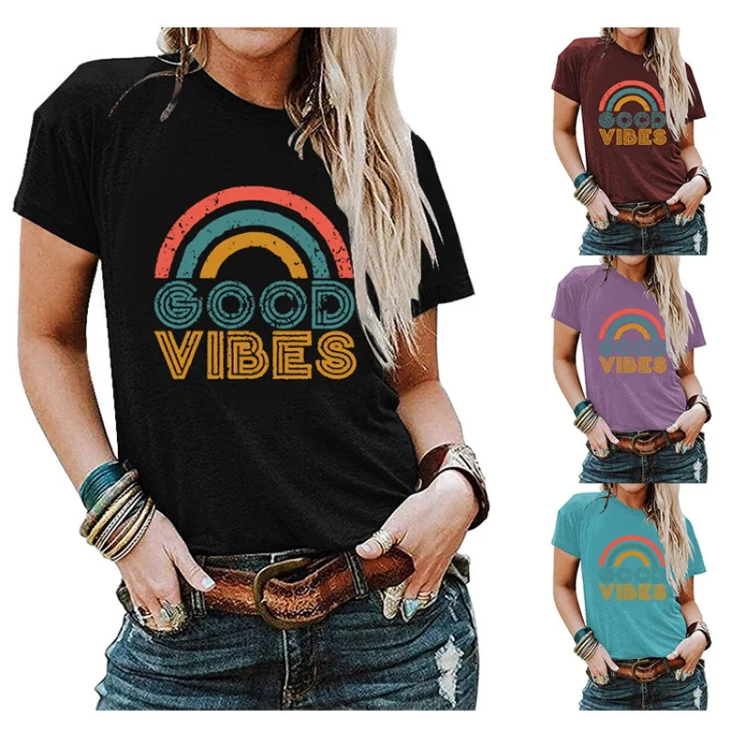 

Large size women's letter print GOOD VIBES rainbow loose women's T-shirt casual short-sleeved round neck women's tops