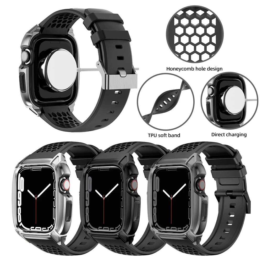 Stainless Steel Case Rubber Strap for iWatch Series 7 44MM 45MM Metal Modification Kit For Apple Watch Band 6 5 4 SE Diy Mod Set