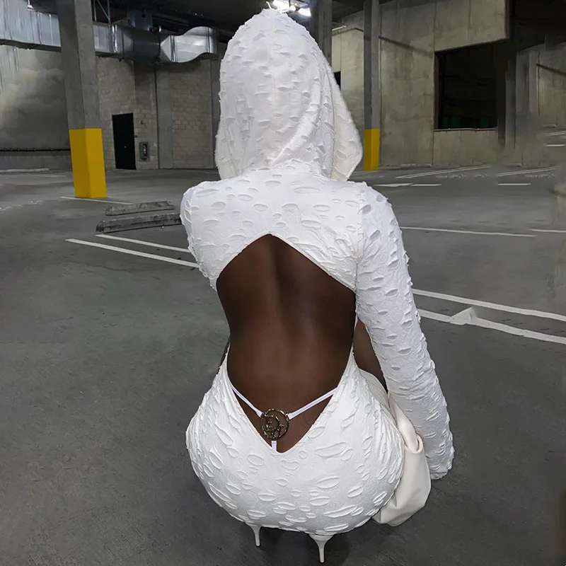 

Women Cutout Y2K Vintage Ripped Long Sleeve With Hoods V Neck Solid Color Hollow Out Casual Party Backless Short Wrapped Dress