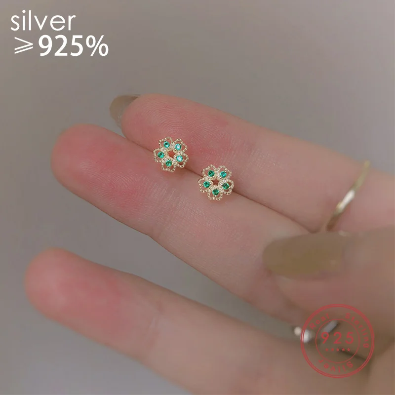 

Silver Color Plated 14k Gold Pavé Emerald Crystal Flower Stud Earrings Women's Simple Fashion Wedding Jewelry Accessories