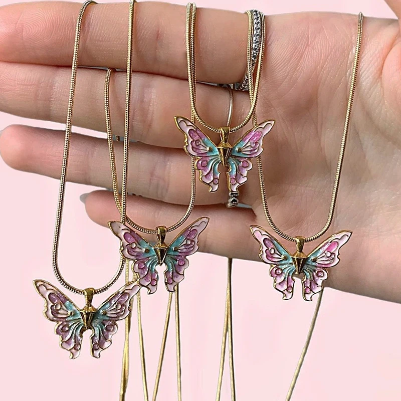 

Fashion Women Butterfly Necklaces Thai Pop Butterfly Pearl Pandent Necklace Double Choker Collares Chains Girl Jewelry Gifts