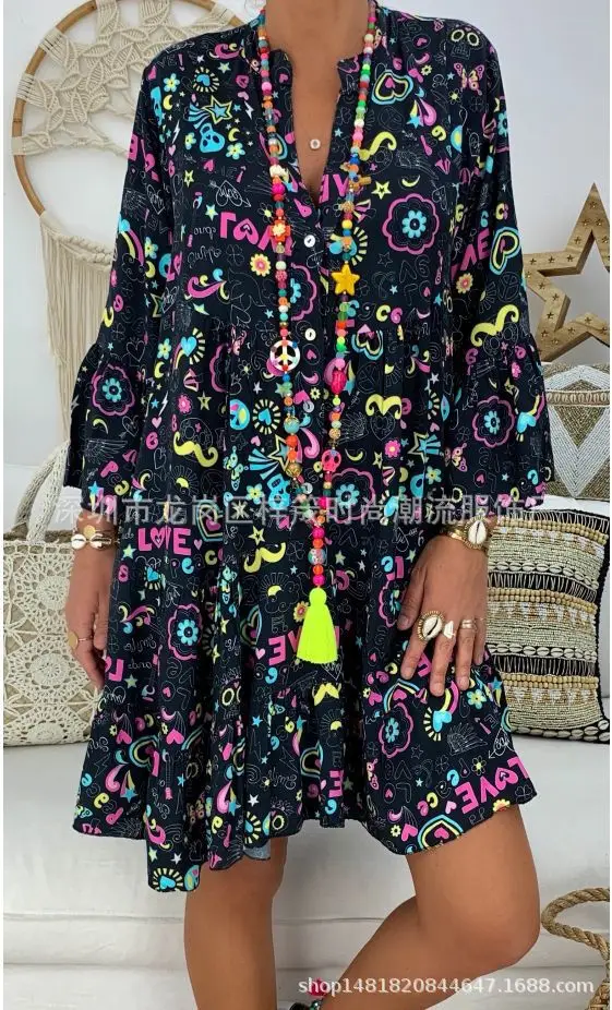 

Spot Ruffles Large Loose Dress 2023 Summer Hot Selling European and American Women's Fashion Print Three Quarter Sleeve Skirt