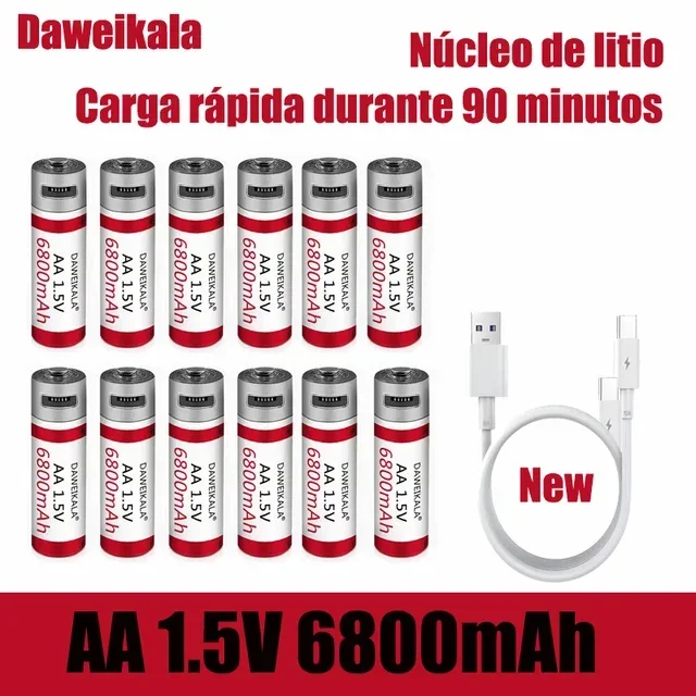 

Large capacity AA rechargeable lithium battery, 1.5V, 6800mAh, game controller, fast charging free cable, free shipping