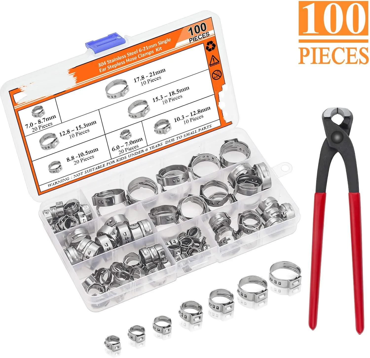 

100 Pieces 6-21mm 304 Stainless Steel Single Ear Stepless Hose Clamps with Pincers Kit