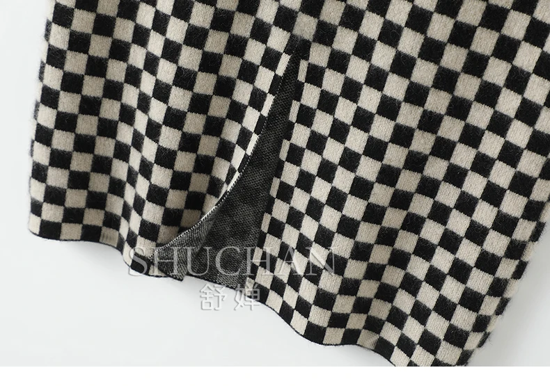 Женская трикотажная юбка из чистого кашемира черная клетчатая длинная с