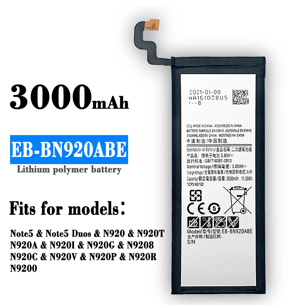 

100% Original Battery EB-BN920ABE for Samsung Galaxy Note 5 SM-N920 N920F N920T N920A N920I N920G N9200 N920G/DS 3000mAh Akku