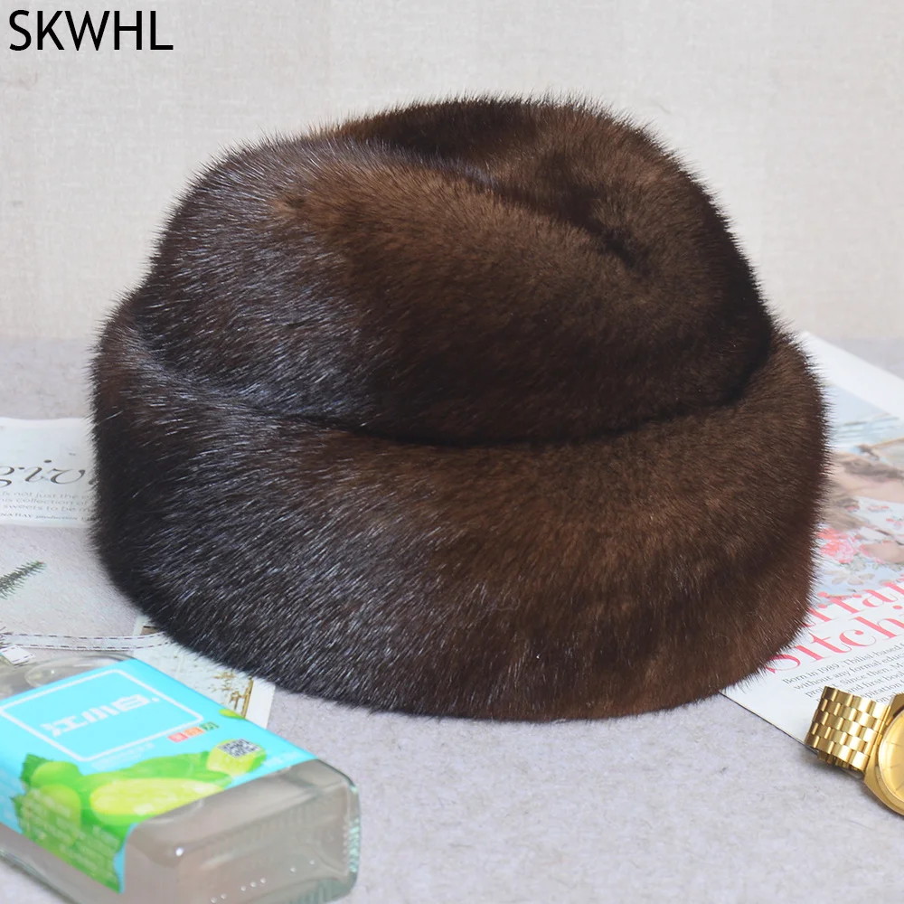 Men Mink Fur Hat New Fashion Men's Real Mink Fur Cap Winter Warm Top Hat Headgear Beanie Beret Natural Real Mink Fur Cap For Men