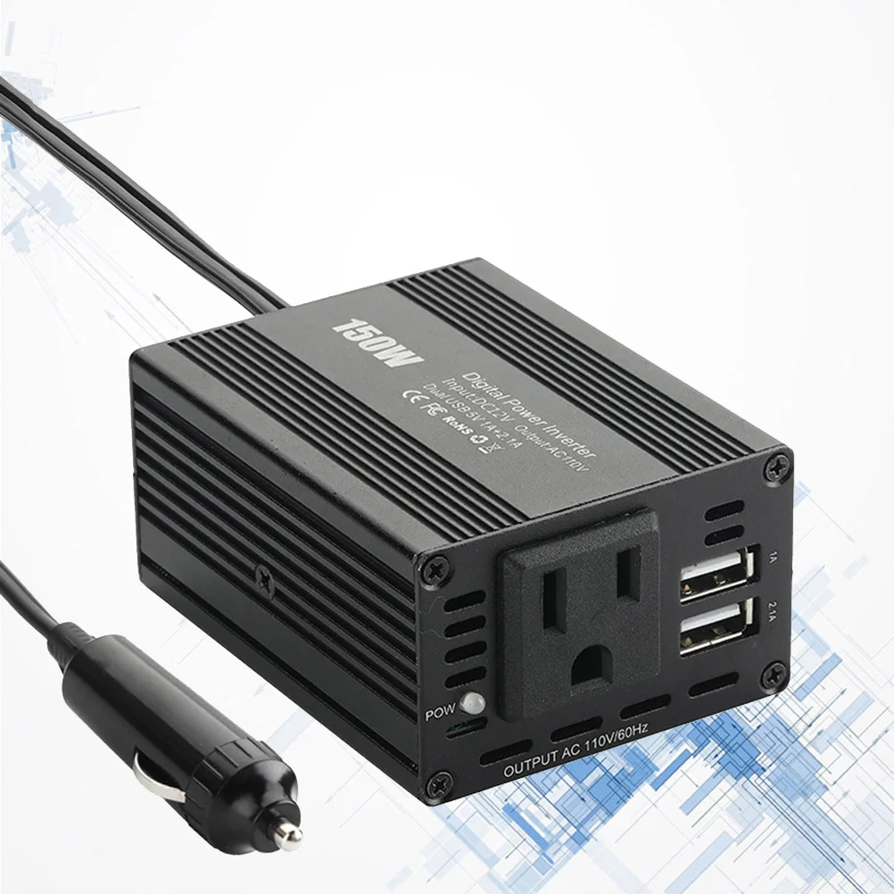 

150W Car Power Inverter 12V DC to 110V AC Sine Wave Converter Dual USB Car Power Supply (Black)