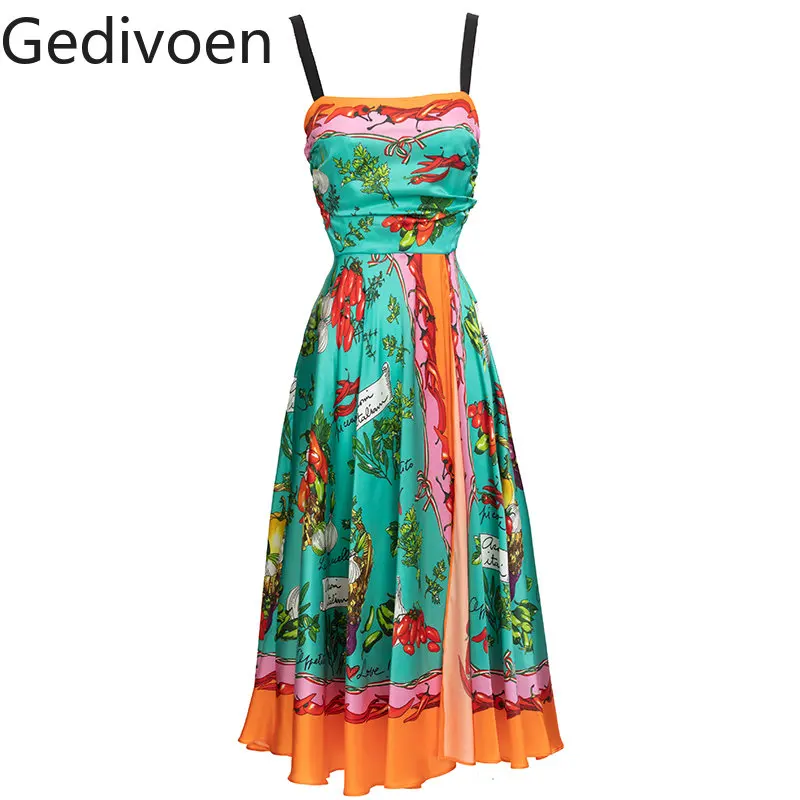 

Gedivoen Summer Runway Designer Dress Women Spaghetti Strap Vegetable Print High waist Vintage Vacation Silk Dresses