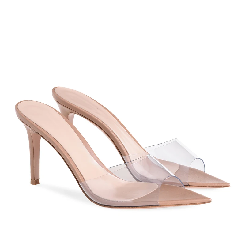 2022 Clear PVC Mule Sandals for Women Stiletto High Heels Party Shoes Pointed Toe Large Size Evening Dress Shoes Slippers Mules