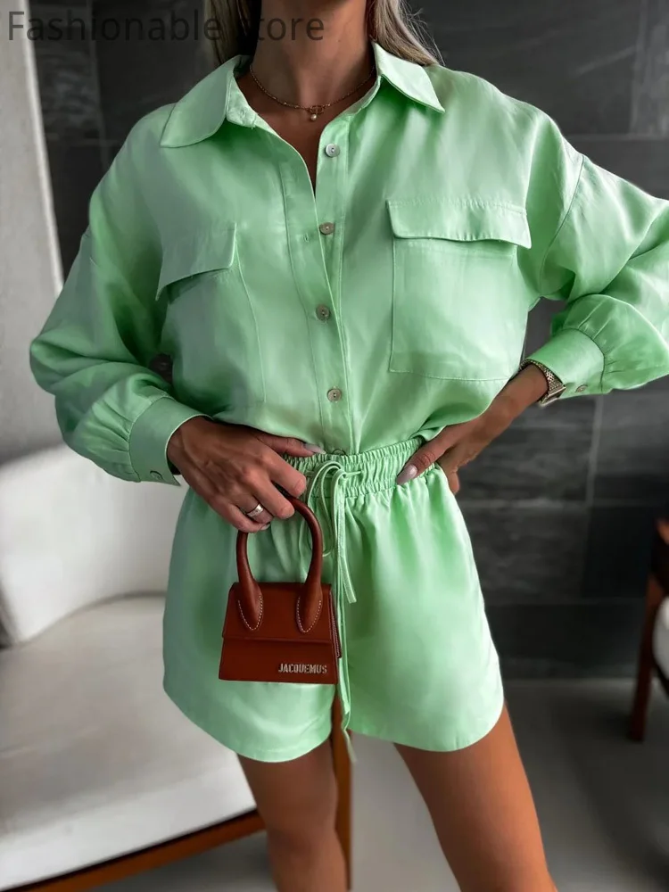 

Women Casual Solid Color Long Sleeve Button Front Pocket Design Blouse and High Waist Shorts 2pcs Set