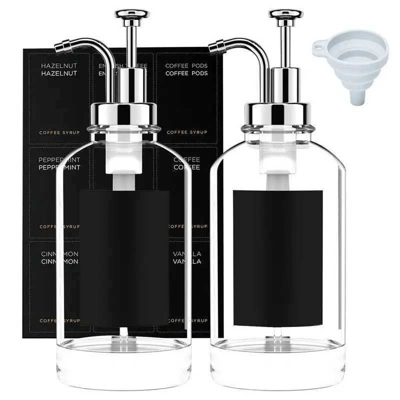 

2Pcs 500ml Clear Coffee Syrup Pump Dispenser Coffee Bar Accessories 2 Pumps Funnel 9 Minimalist Labels for Dish Soap Mouthwash