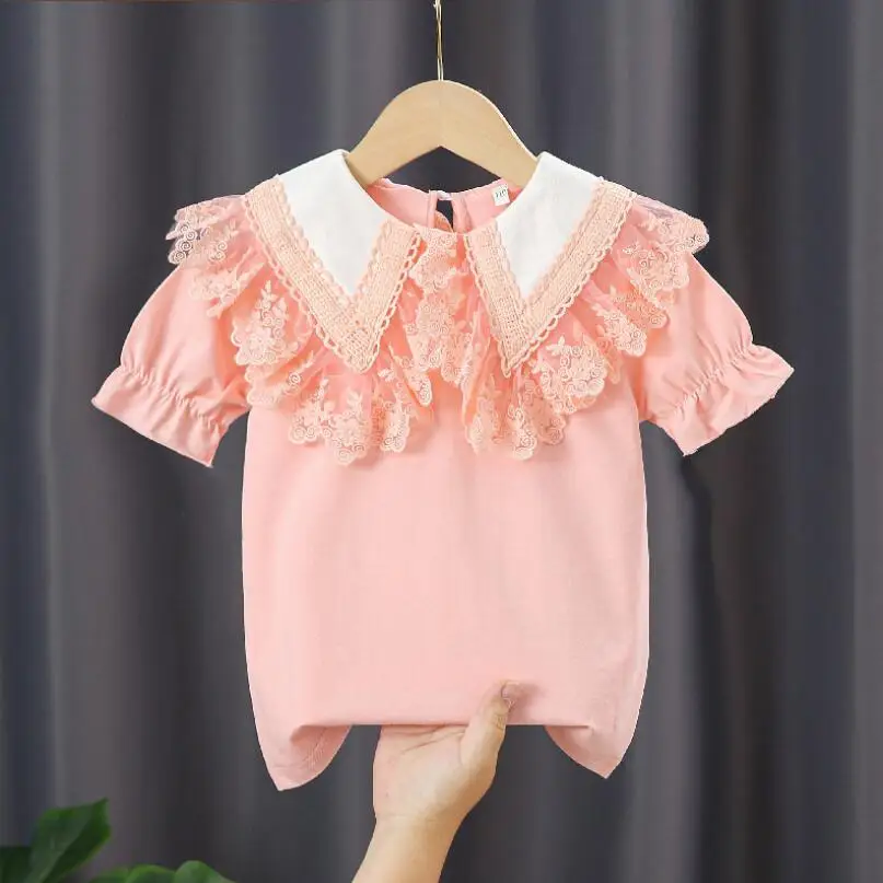 3-10 Years Summer Baby Toddler T-Shirt School Girls White Blouse Cotton Short Sleeve Girl Lace Tops Kids Shirt Children Clothes