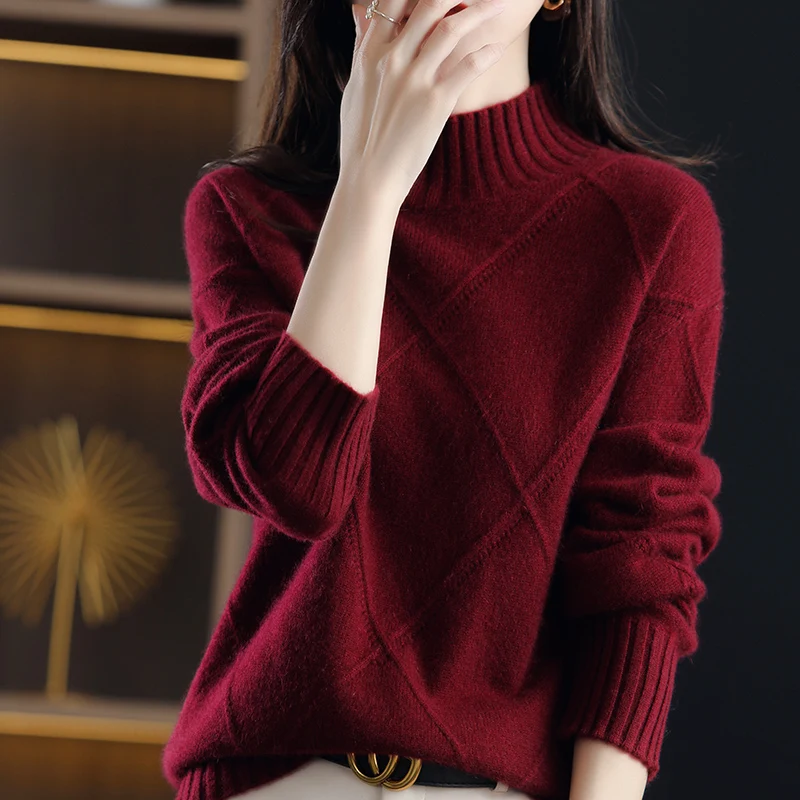 Autumn And Winter New Pure Wool Women's Half Turtleneck Loose Fashion All-Match Knitted Sweater Pullover Bottoming Top