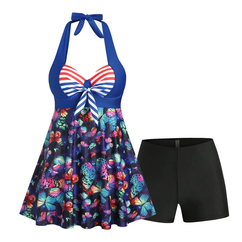 

ROSEGAL Swimdress For Women Butterfly Print High Waist Tankini Swimsuit Halter Underwire Backless Tummy Control Swimwears Set