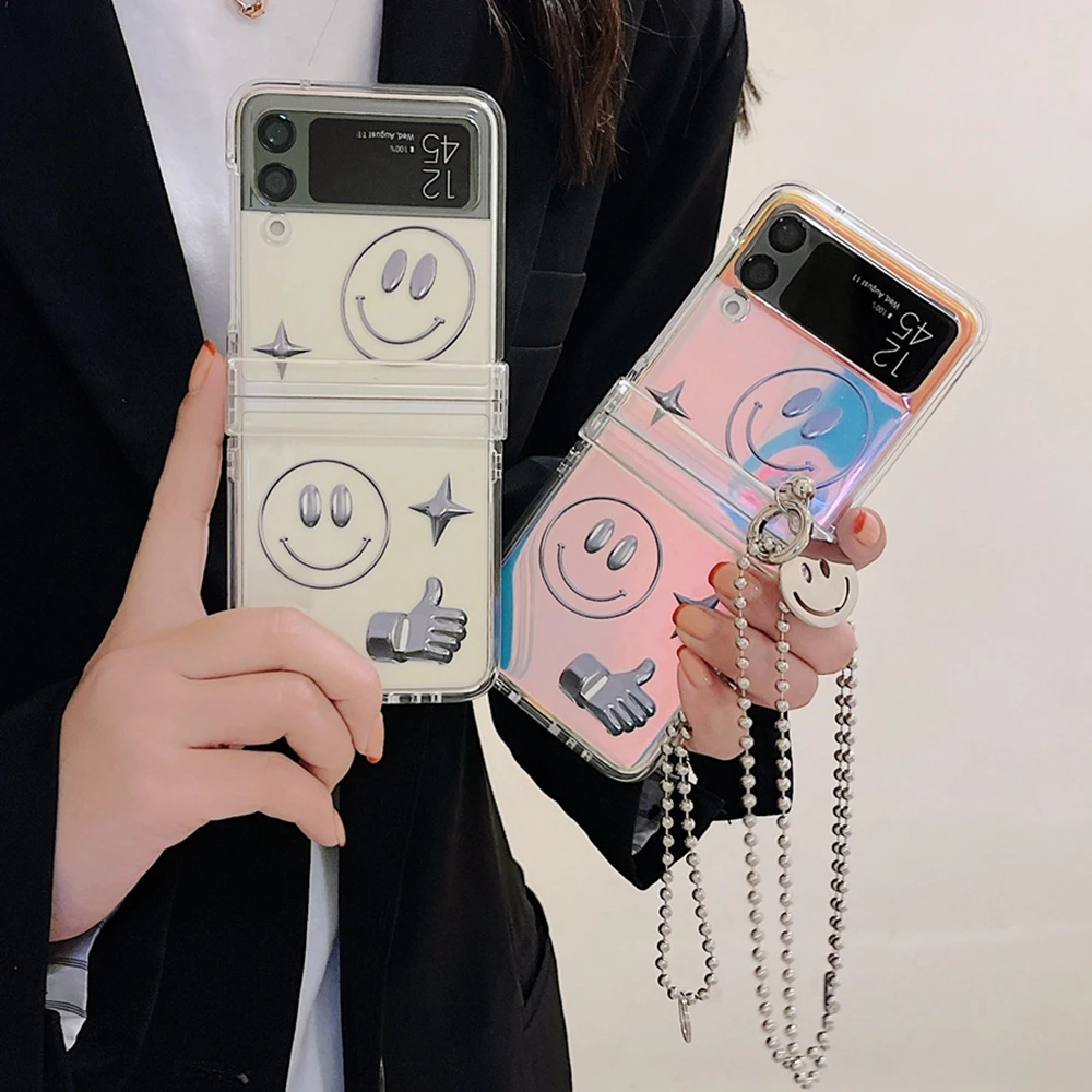 

Cute Cartoon Smiley Laser Crossbody Case For Samsung Z Flip 3 Zflip3 Z Flip3 Transparent Necklace Soft Silicone Shockproof Cover