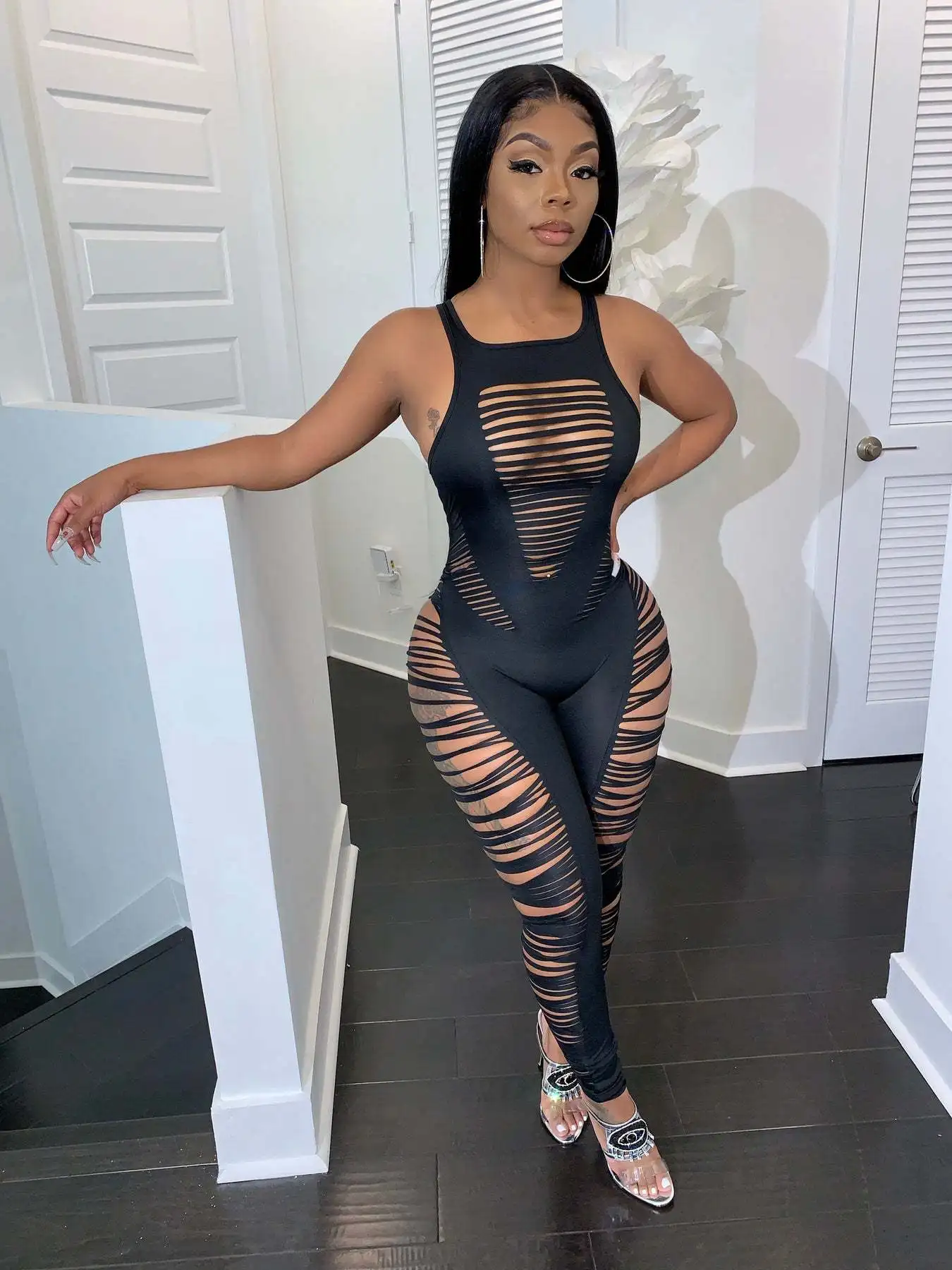

2022 New Arrival Hollow Out Open Sexy Club Solid Young Round Neck Tank Sleeve High Waist Women Skinny Long Pencil Jumpsuits