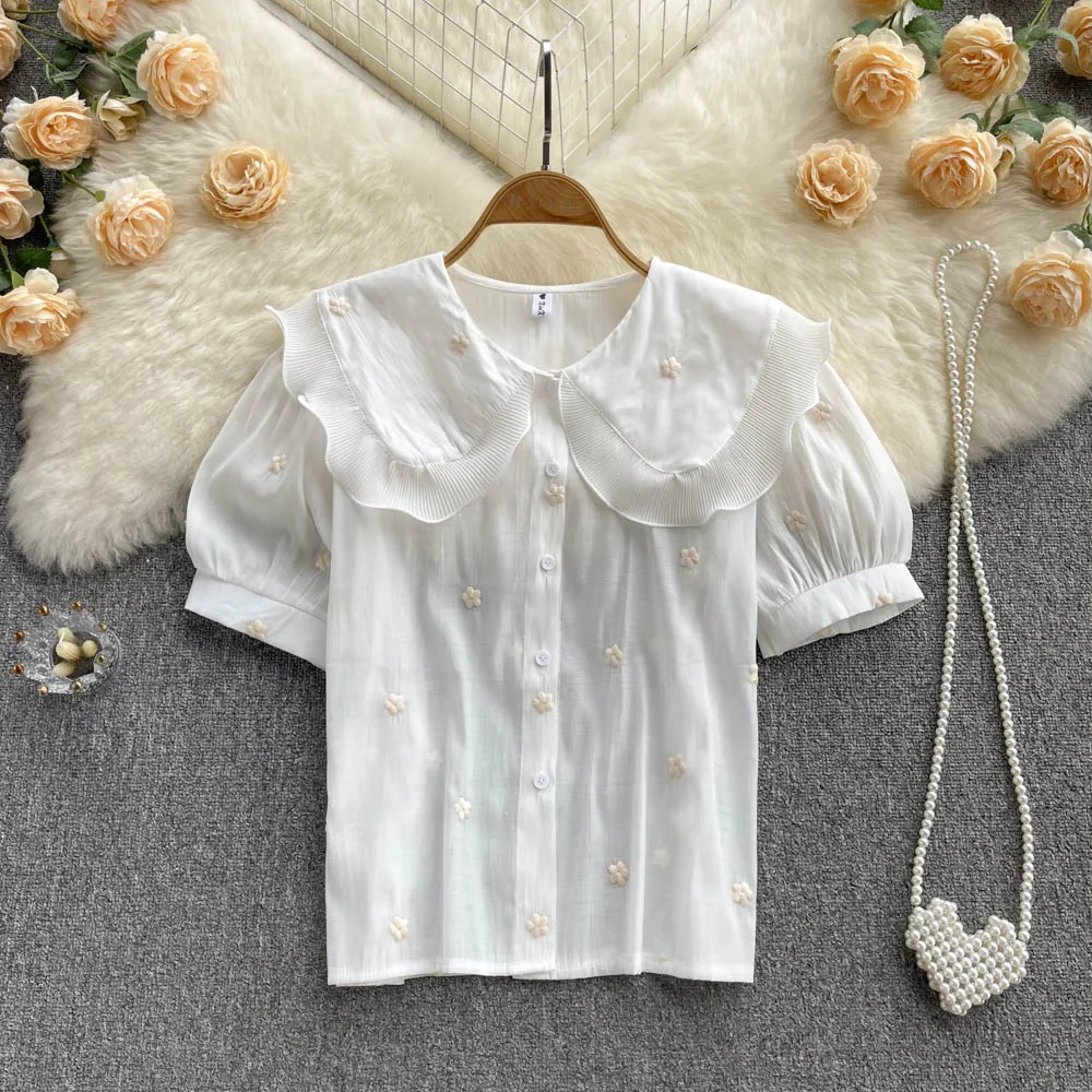 

Женская шифоновая рубашка с коротким рукавом, белая блузка с оборками на воротнике, лето 2022, E627