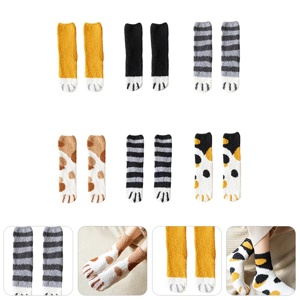 

6 Pairs Cat's Claw Floor Socks House Slippers Women Sleep Plush Coral Fleece Tubular Stockings Polyester Adorable Women's