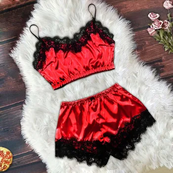 New In Sexy Lingerie For Women Plus Size Satin Lace Camisole With Bow Shorts Pajamas Lingerie Sleepwear Set Women's lingerie 1