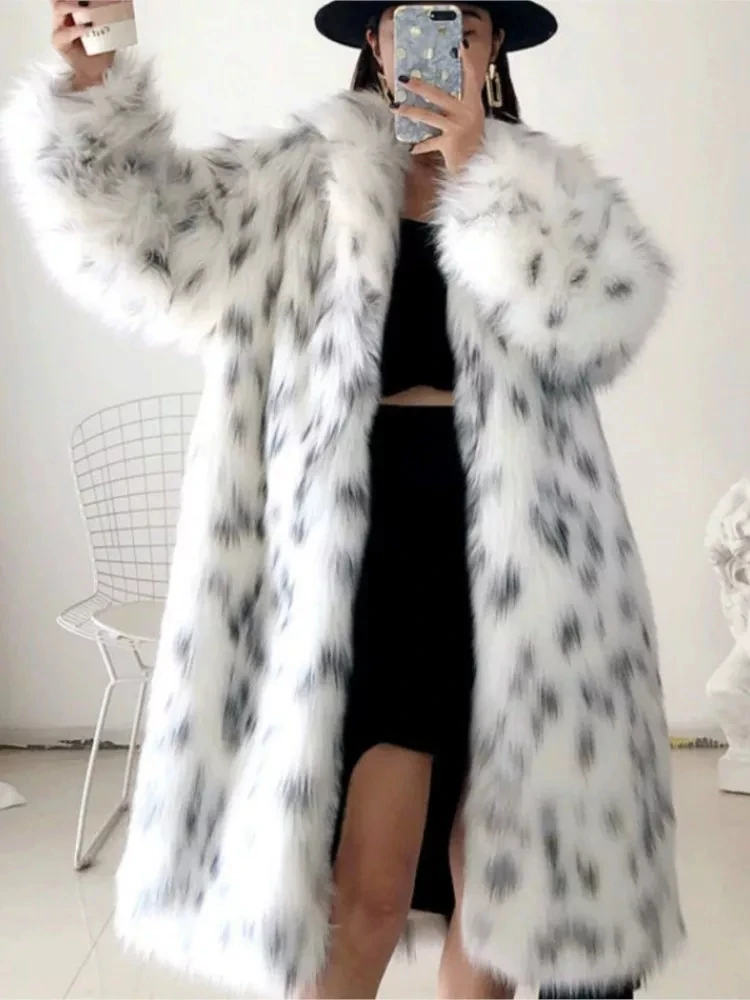 2022 New Women Winter New Faux Fox Fur Coat Lady Casual Snow Leopard Print Fur Jacket Female Thick Warm Mid-long Plush Outerwear