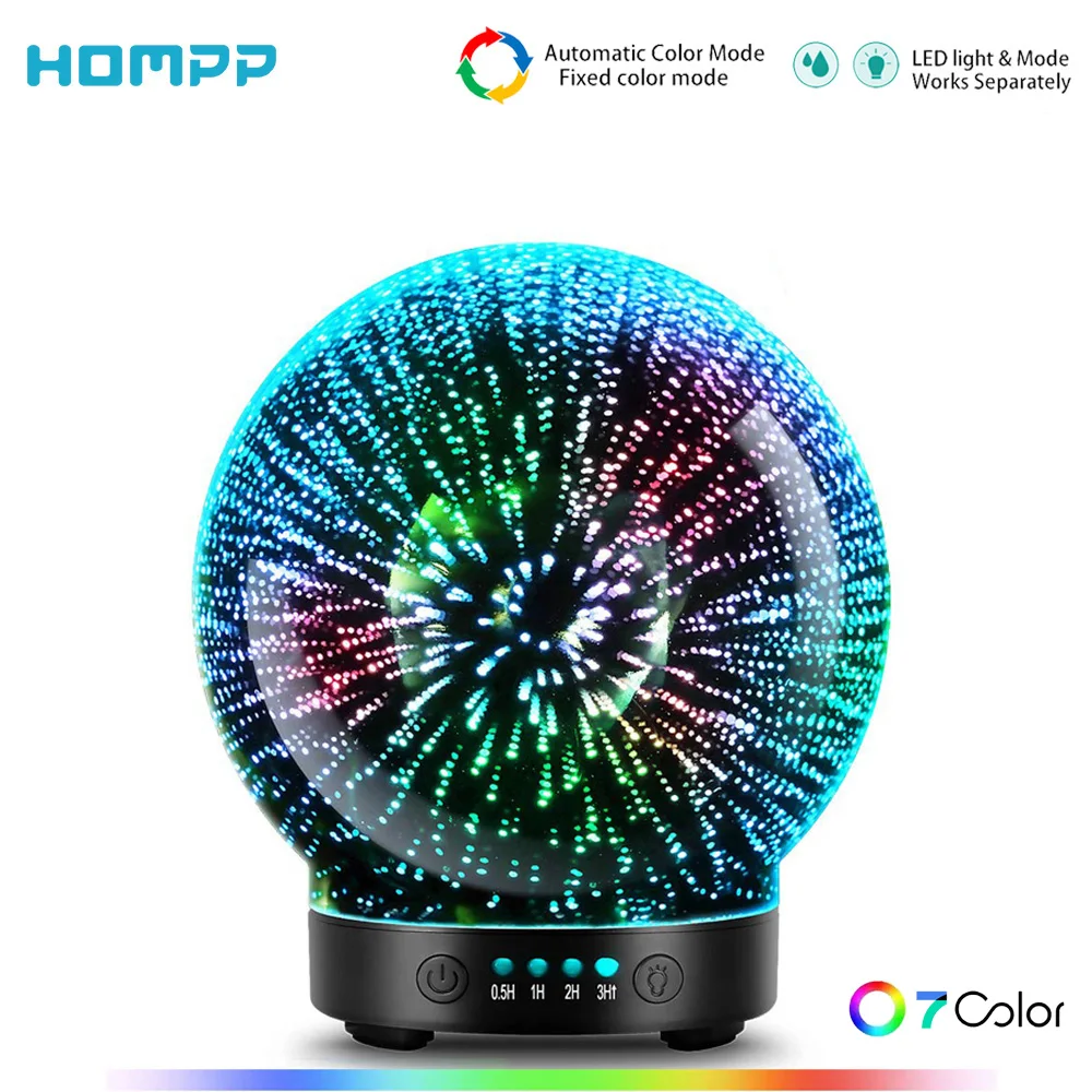 3D Glass Aroma Diffuser,Aromatherapy Ultrasonic Essential Oil Version Air Humidifier,Modes Firework 100ml 7Color Changing Lights