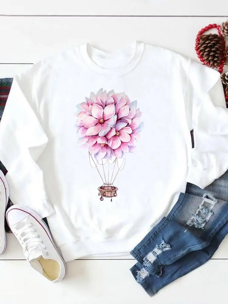

Flower Travel Hot Balloon Fall Season Sweatshirts Print Casual Autumn Graphic Pullovers Fashion Spring Female Women Clothing