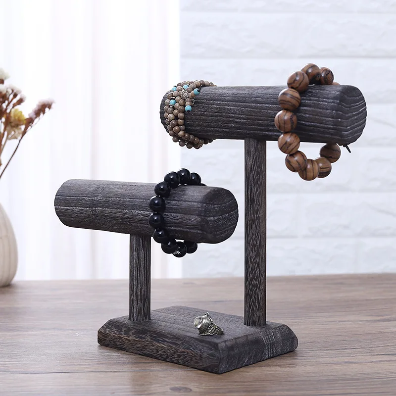 

Distressed Vintage Bracelets Watches Head Rope Hair Tie Storage Rack, Light Wooden Jewelry Display For Exhibition