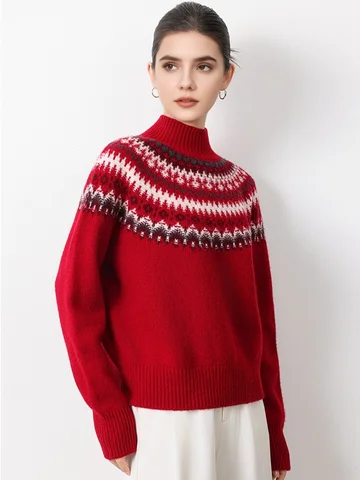 SuyaDream Женский зимний свитер из шерсти красный/серый