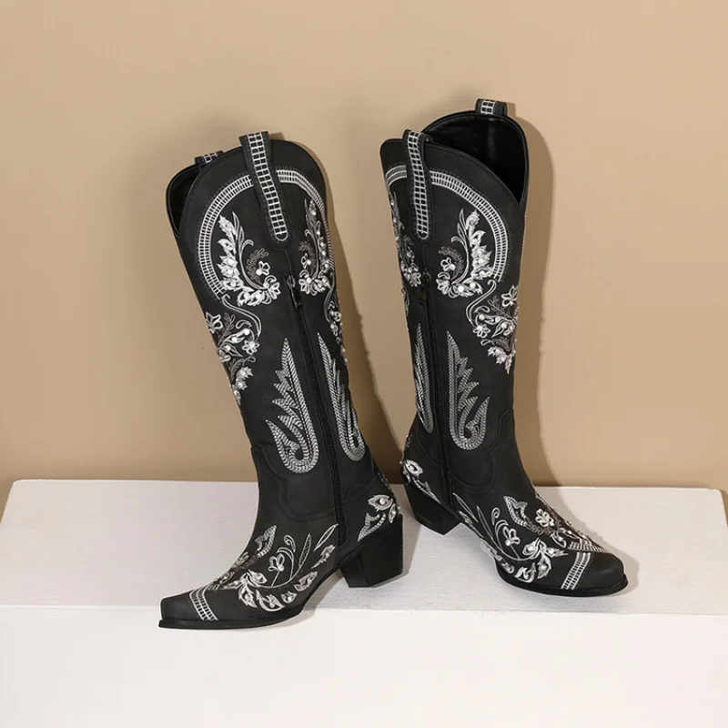 Embroidered Knight Boots Women's Thin Retro Sleeve Western Cowboy Boots V-cut Knight Boots Brown Mid-calf Doc Martens  A-0030