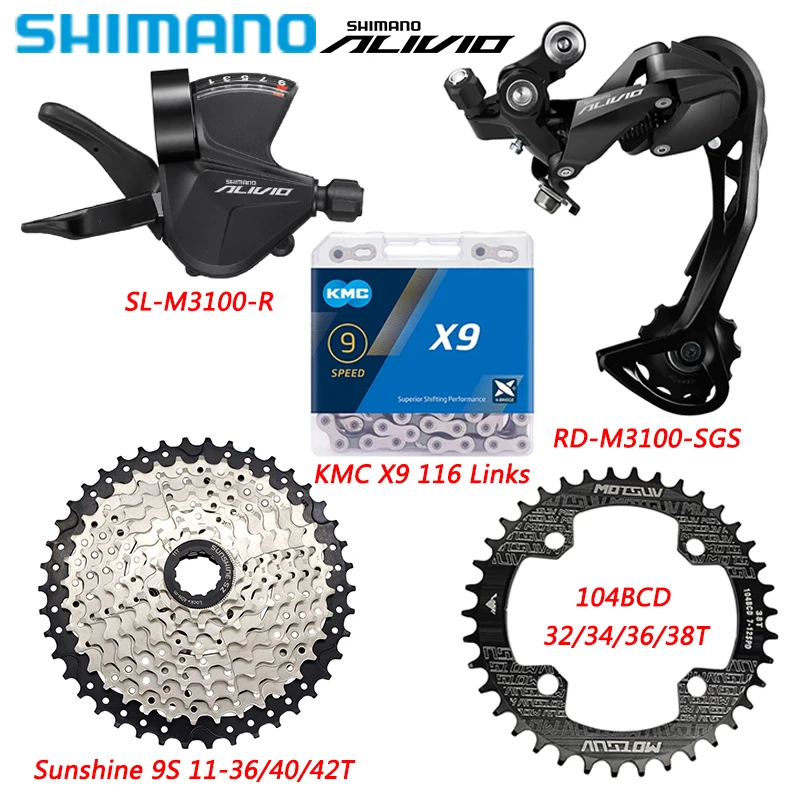 

9-скоростные задние переключатели передач SHIMANO AVILIO M3100 для горных велосипедов, велосипедные переключатели передач KMC X9, кассета Chain SUNSHINE 104BCD велосипедные детали