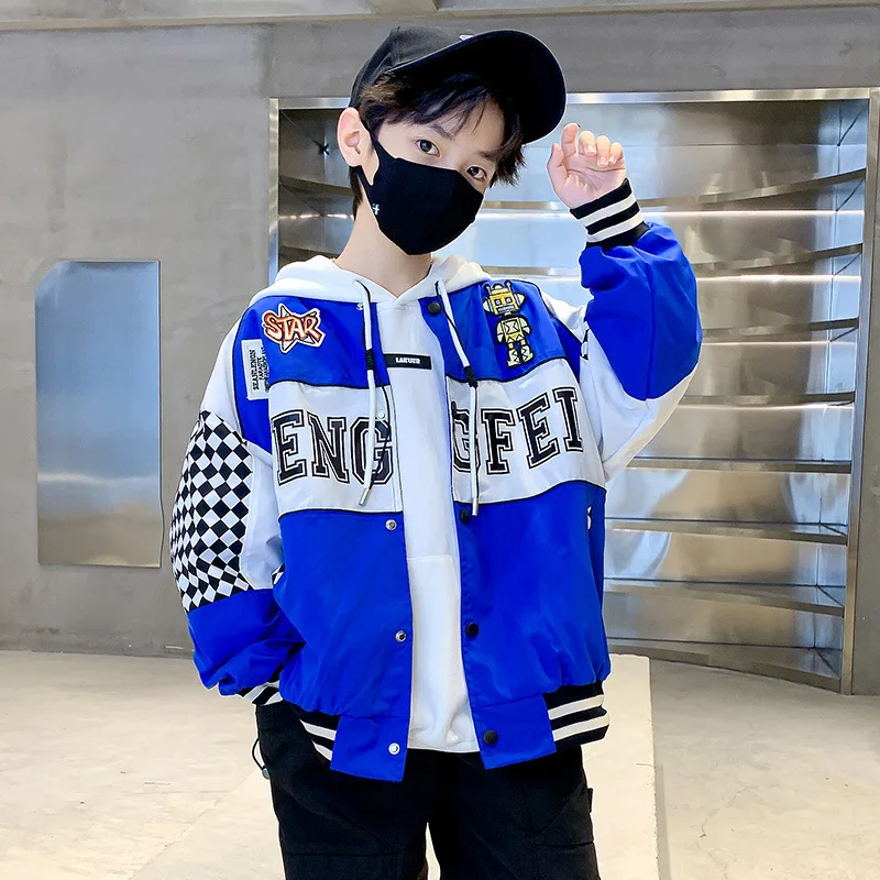 

Куртка демисезонная для мальчиков 4-14 лет, Модный повседневный топ с буквенным принтом, шахматная уличная одежда в стиле пэчворк, для подрос...