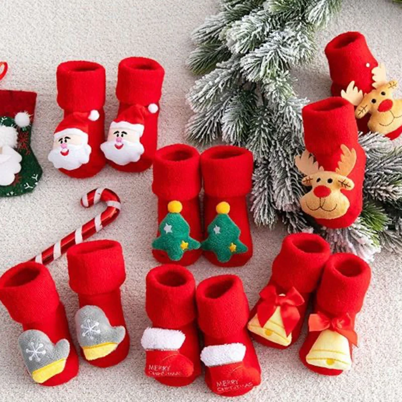 

Детские носки для девочек и мальчиков, модные Нескользящие хлопковые с принтом для малышей, рождественские красные чулки для новорожденных, Детские юбилейные носки