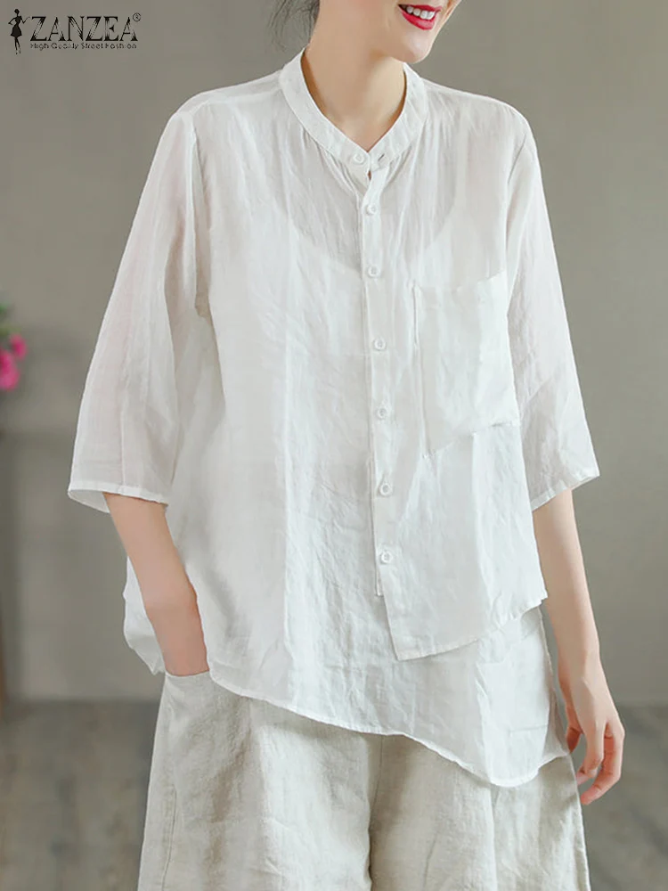 

ZANZEA Women Blouse Vintage Solid Cotton Shirt Summer O-Neck Half Sleeve Tops Causal Irregular Hem Blusas Femme Buttons Chemise