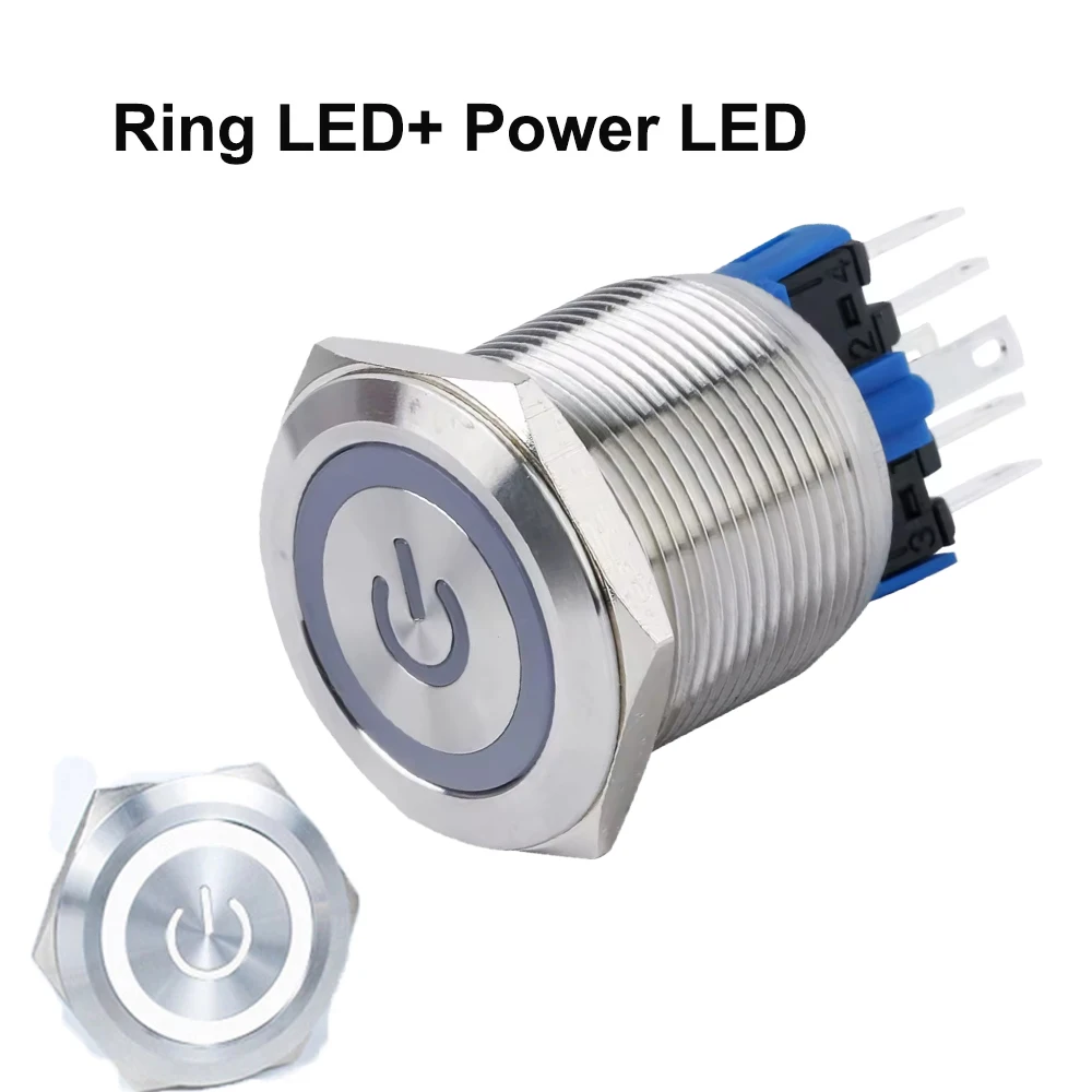 

22 мм самоблокирующиеся и мгновенные металлические переключатели со знаком мощности диодное кольцо с подсветкой (3 В, 6 в, 12 В, 24 В, 230 В)