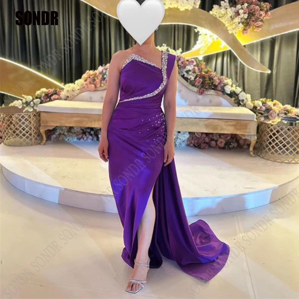 

SONDR Classic Dark Purple Shiny Prom Dresses 2023 Satin Pleats One-Shoulder Evening Dress Floor-Length Saudi Arabic Party Gowns