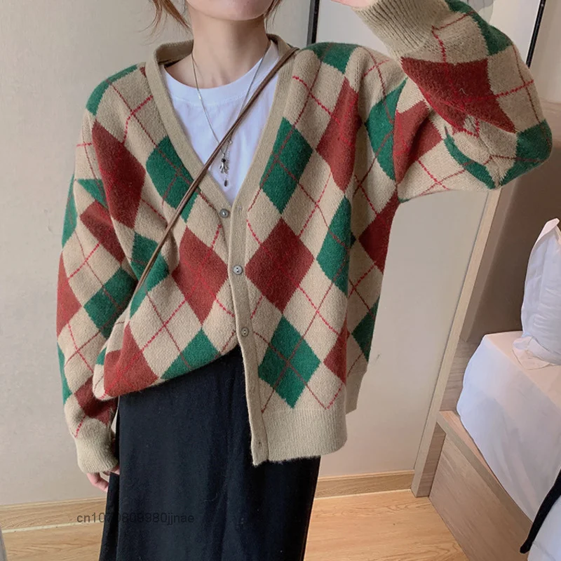 

Sweet Diamond Lattice Cardigan Korea Style Luxury Women Autumn Loose Casual Knitted Cotton Long Sleeve Sweater Vintage Clothes