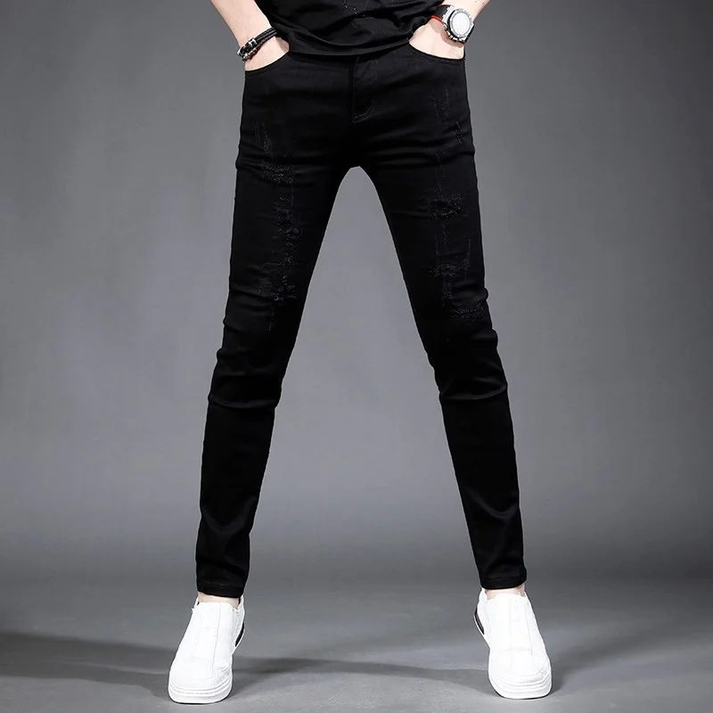 

Ripped Summer Black Jeans Men Streetwear Stretch Slim Fit Pencil Pants Korean Style Casual Cotton Lightweight Denim Trousers
